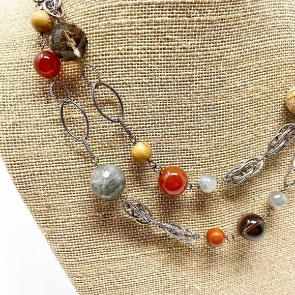 Earth Tone Beads & Silver Oval Links 36 Necklace